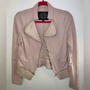 Pink fabric and “leather” jacket